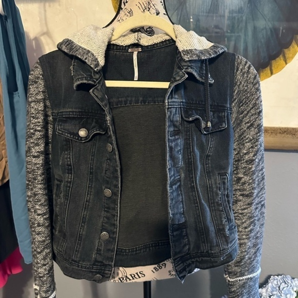 Free people distressed denim jacket with hoodie